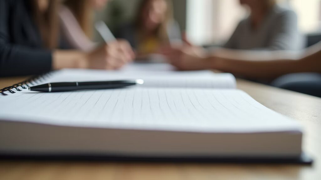 Materiais e equipe em treinamento corporativo de saúde mental